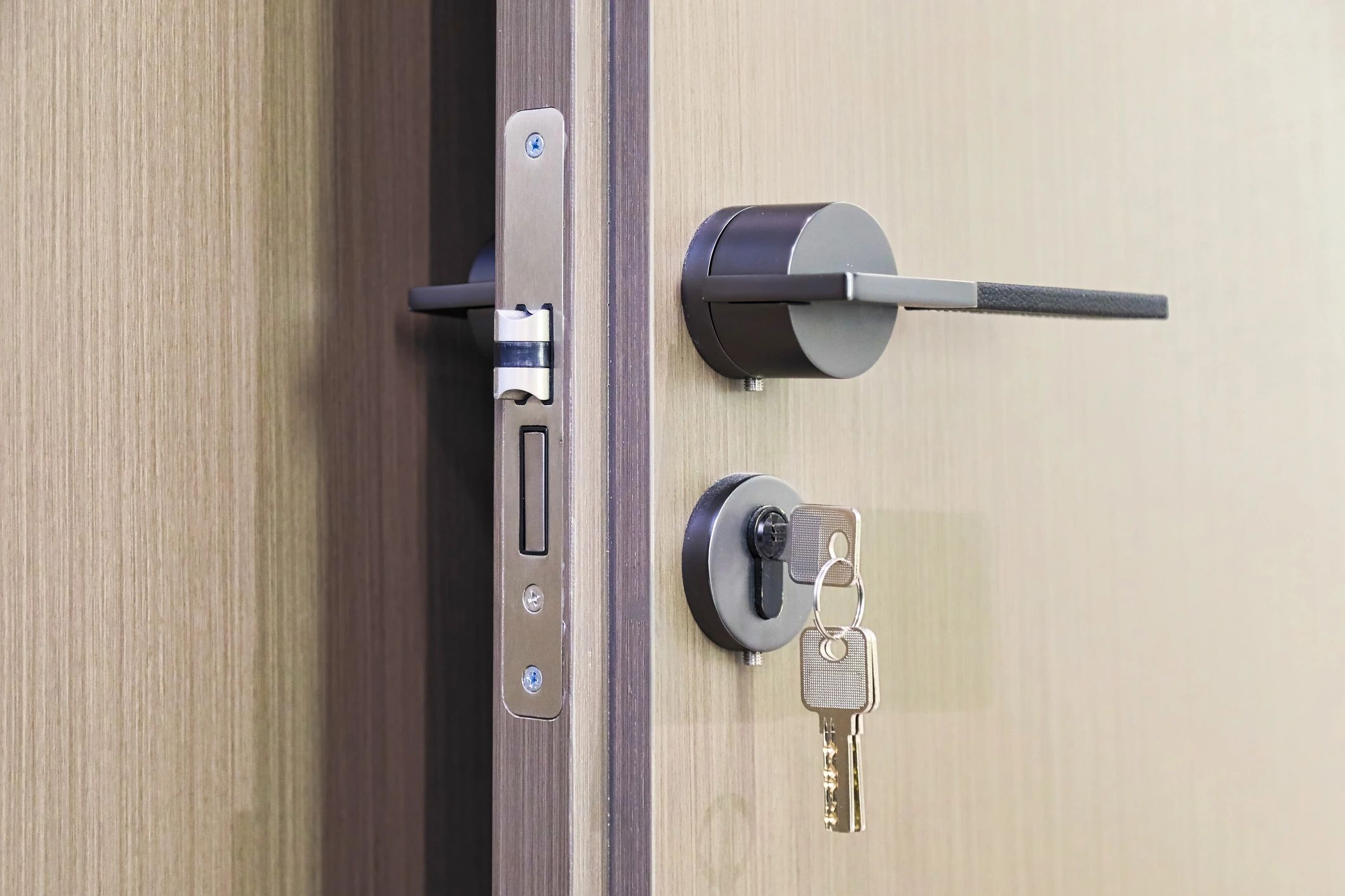 High-end door lock and key close-up